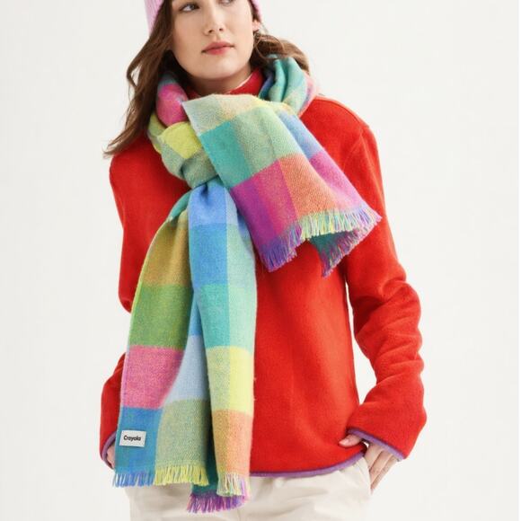 Crayola Accessories - Crayola x Kohl’s Plaid Blanket Scarf Multicolor Fringe Oversized Wrap 74x24 NWOT
